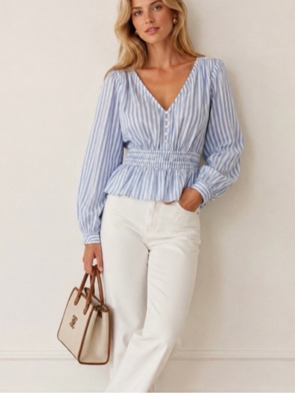 Women’s J. Crew Blue and White Striped Peasant Blouse